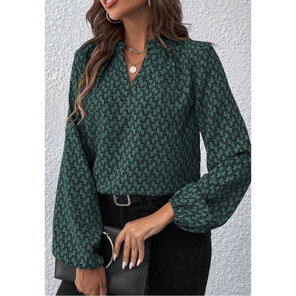 3 Pack Elegant Green Geometric Notched Neck Long Sleeve Blouse